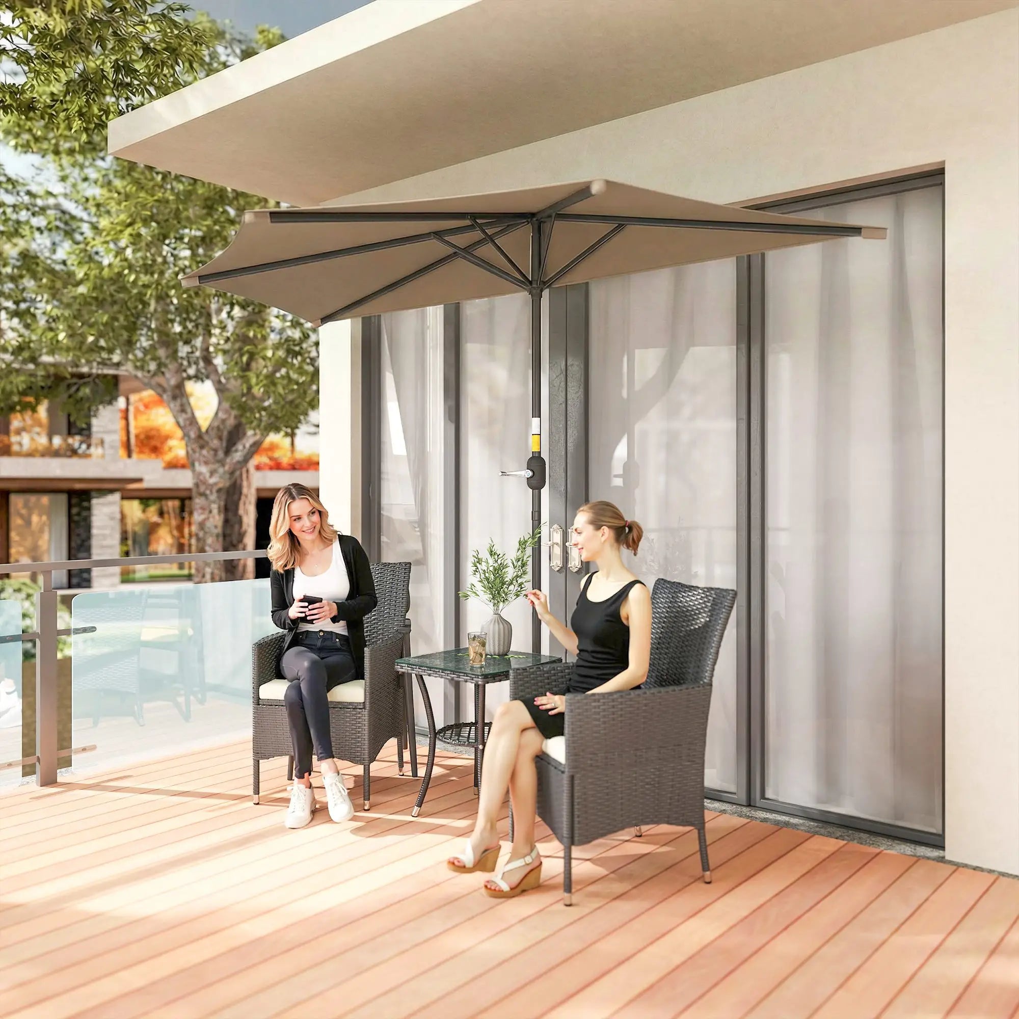 9.8ft Half Umbrella, Semi Round Patio Parasol, Crank Handle, Top Vent, Coffee Half Round Umbrellas at Gallery Canada