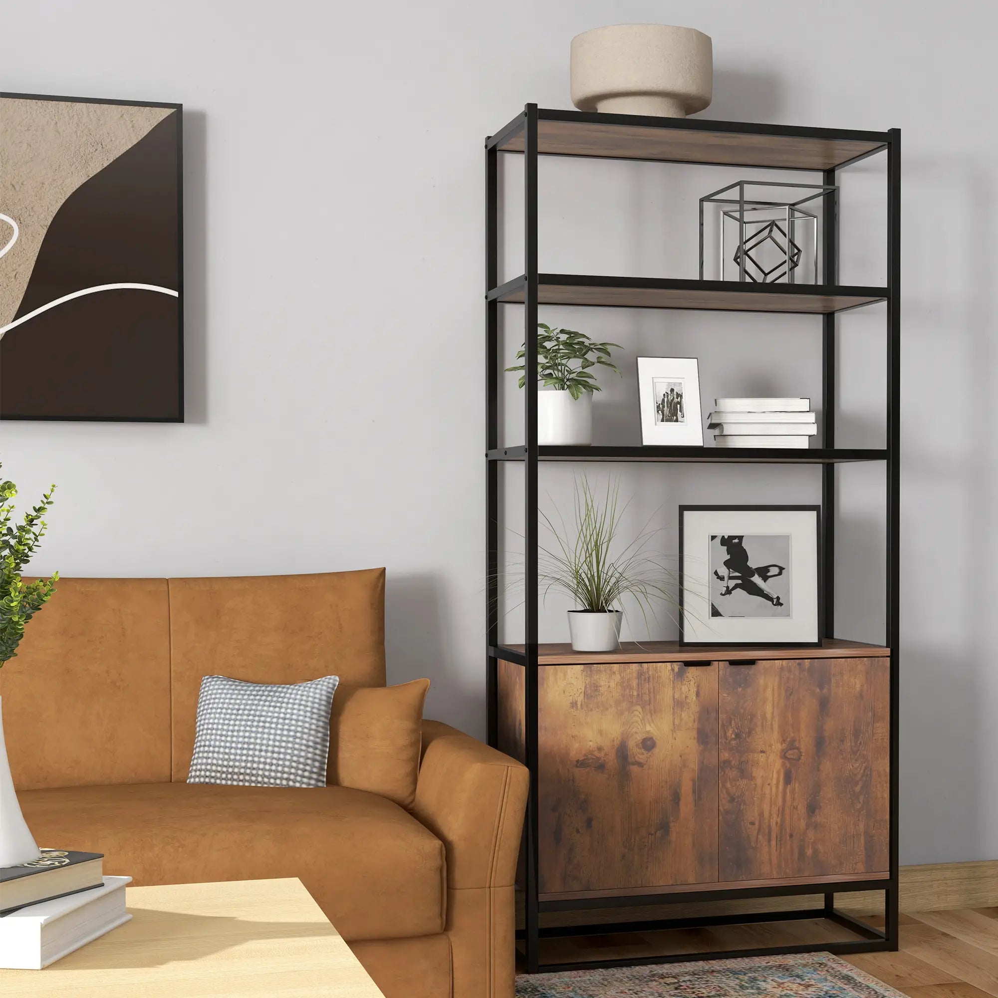 Storage Cabinet, 3 Open Shelves, Freestanding Organizer, Brown Display Bookshelves at Gallery Canada