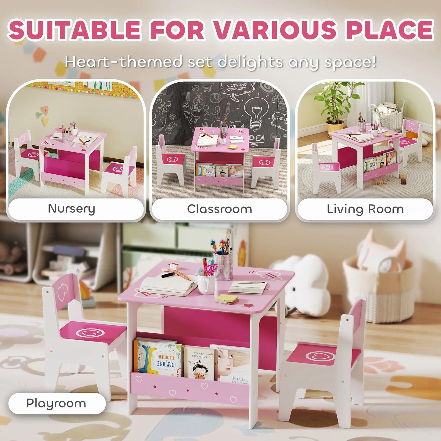 Kids Table Chair Set with Bookshelves, 3 Pieces, Pink Kids Table Sets at Gallery Canada