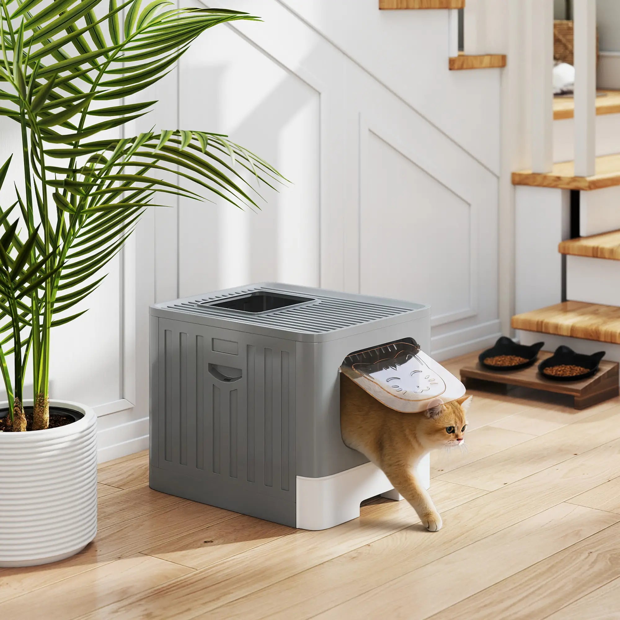 Foldable Cat Litter Box With Lid, Slide-Out Drawer, Scoop, Easy Clean, Grey Cat Litter Box Enclosures at Gallery Canada