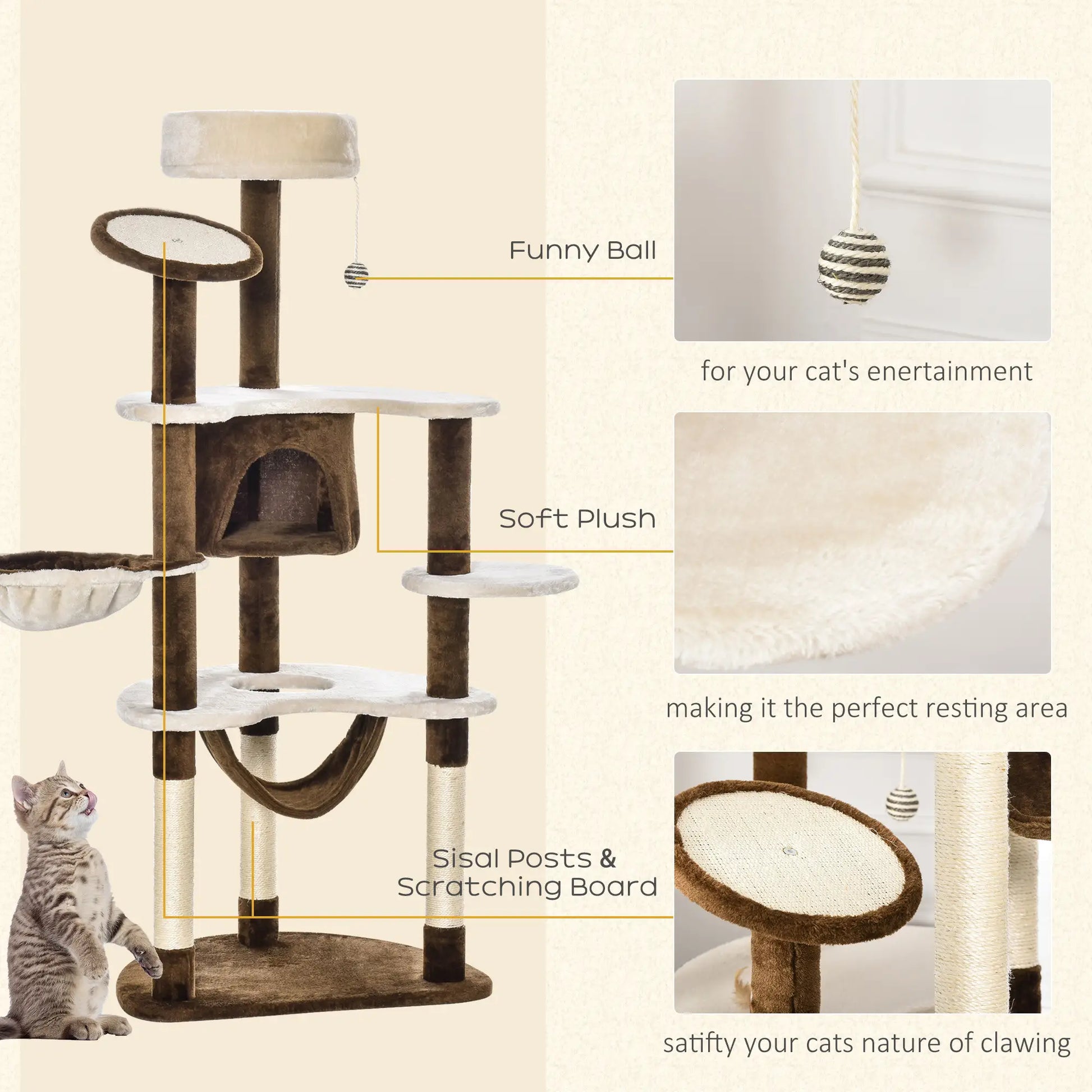 60" Cat Scratching Tree, Cat Bed Condo, Beige & Brown Cat Towers at Gallery Canada