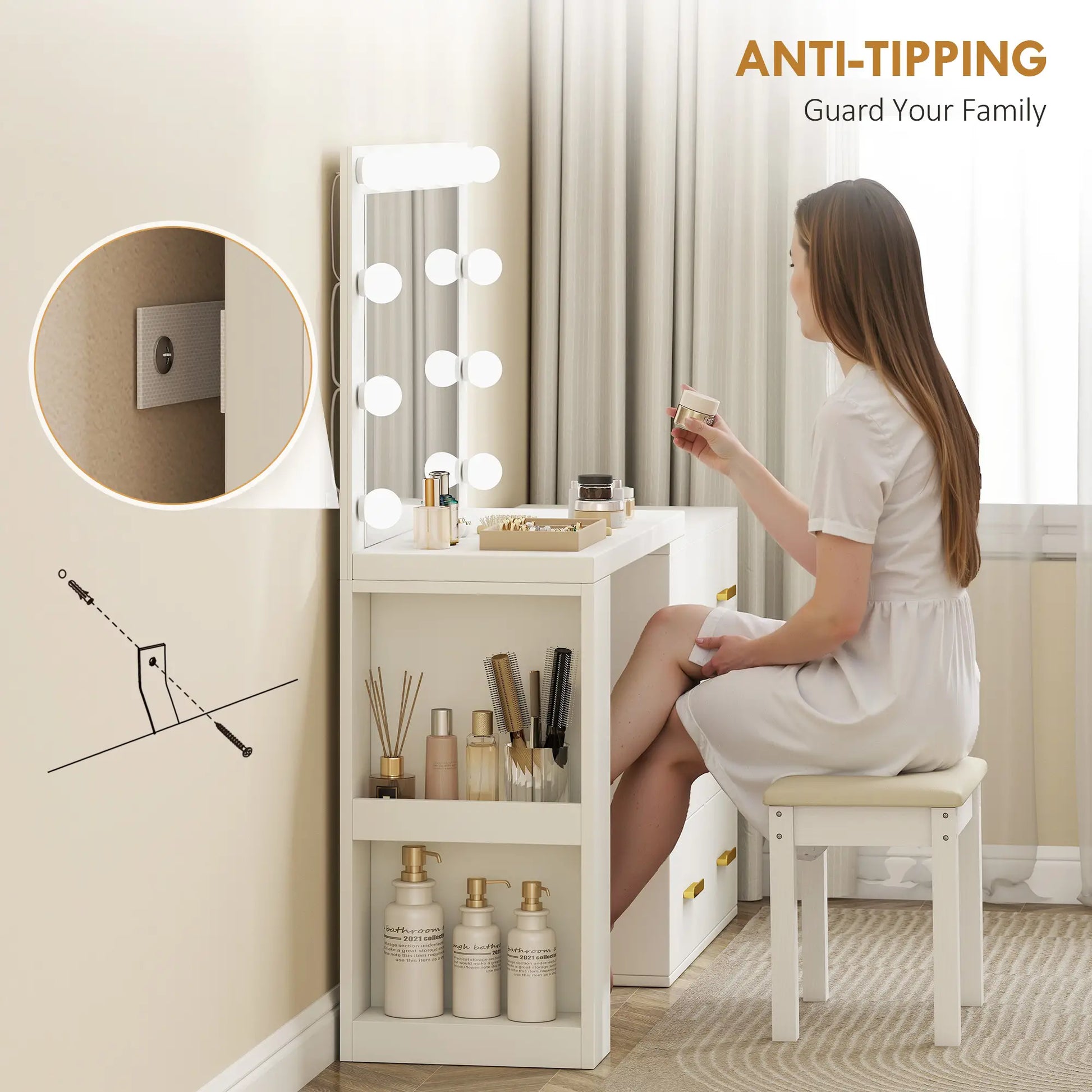 Vanity Desk with Mirror, LED Lights, Power Outlet, White Dressing & Vanity Tables at Gallery Canada