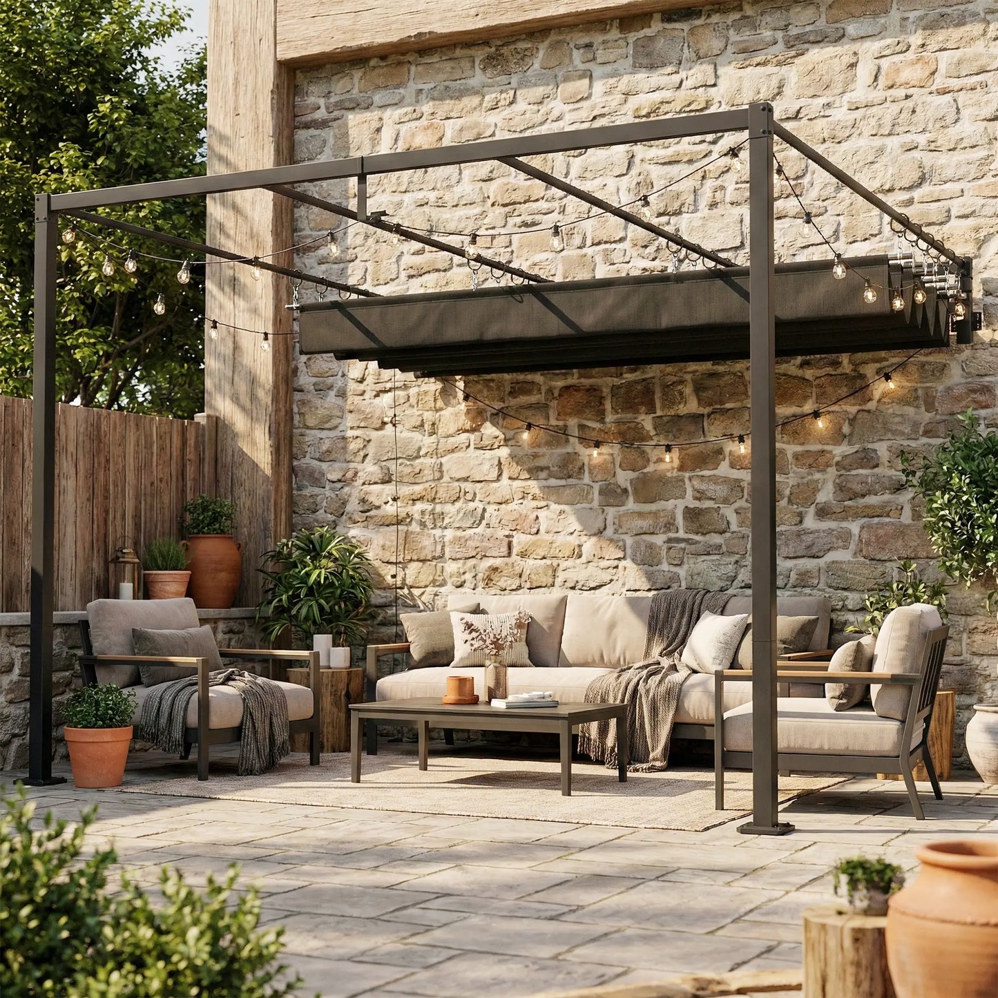 10' x 10' Retractable Pergola Canopy, Wall Mounted, Dark Grey Pergolas at Gallery Canada