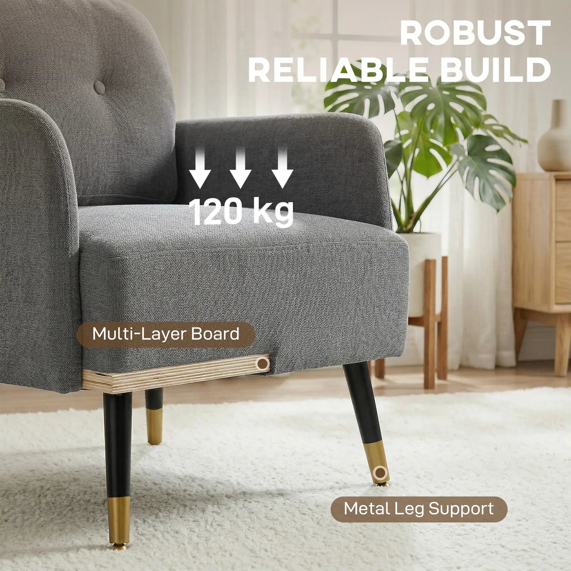 Modern Tufted Accent Chair, Metal Legs, Upholstered Reading Armchair, Grey Accent Chairs at Gallery Canada
