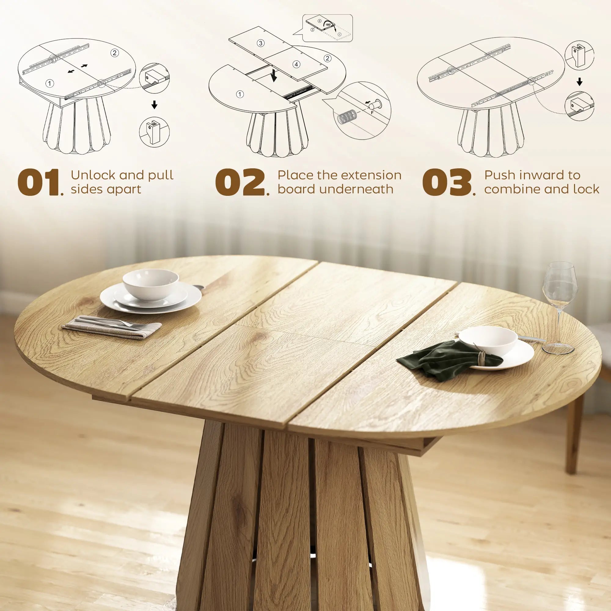 Extendable Round To Oval Dining Table With Storage Shelf, Natural Dining Tables at Gallery Canada