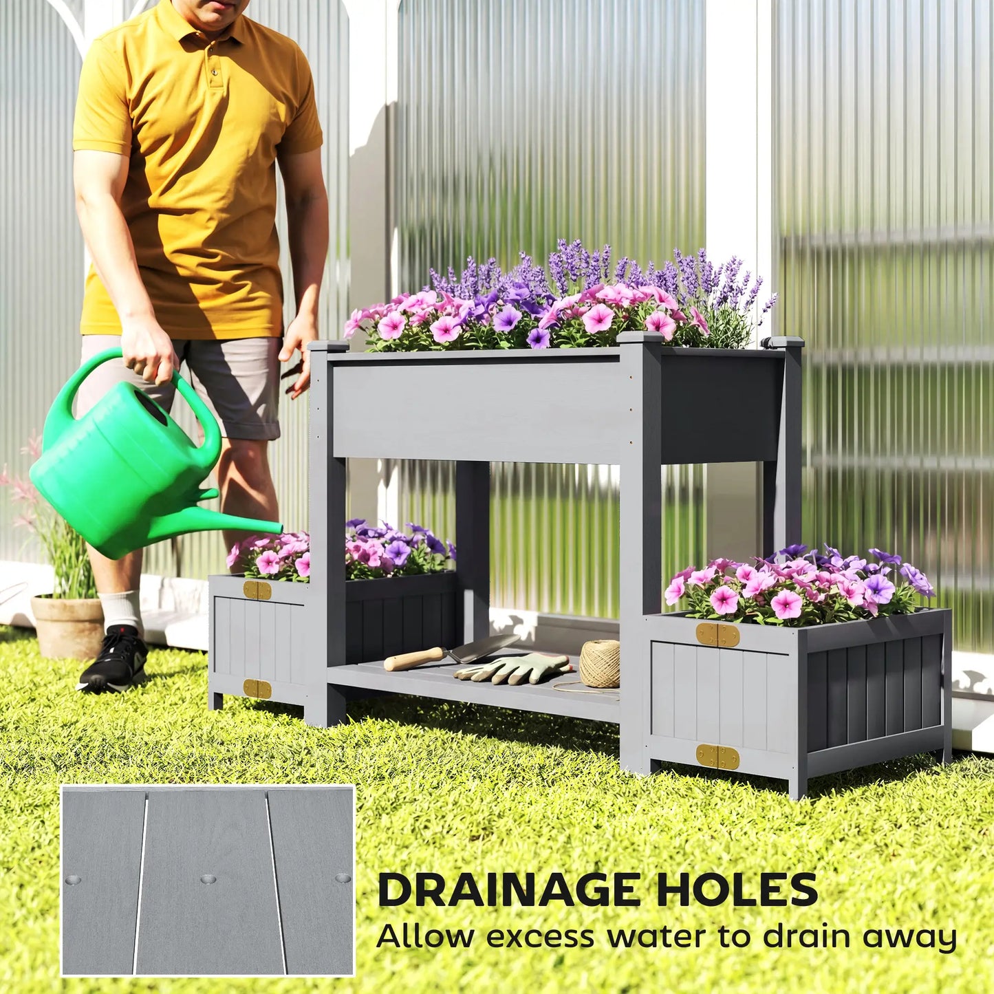 Wooden Raised Garden Bed, 2 Foldable Side Pots, Storage Shelf, Drainage Holes Elevated Garden Beds at Gallery Canada