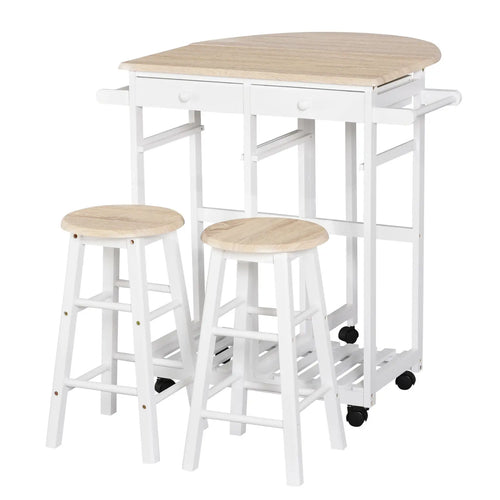 3 Piece Kitchen Cart Set, Drop Leaf Table, 2 Stools, Rolling Wheels, Wood, White
