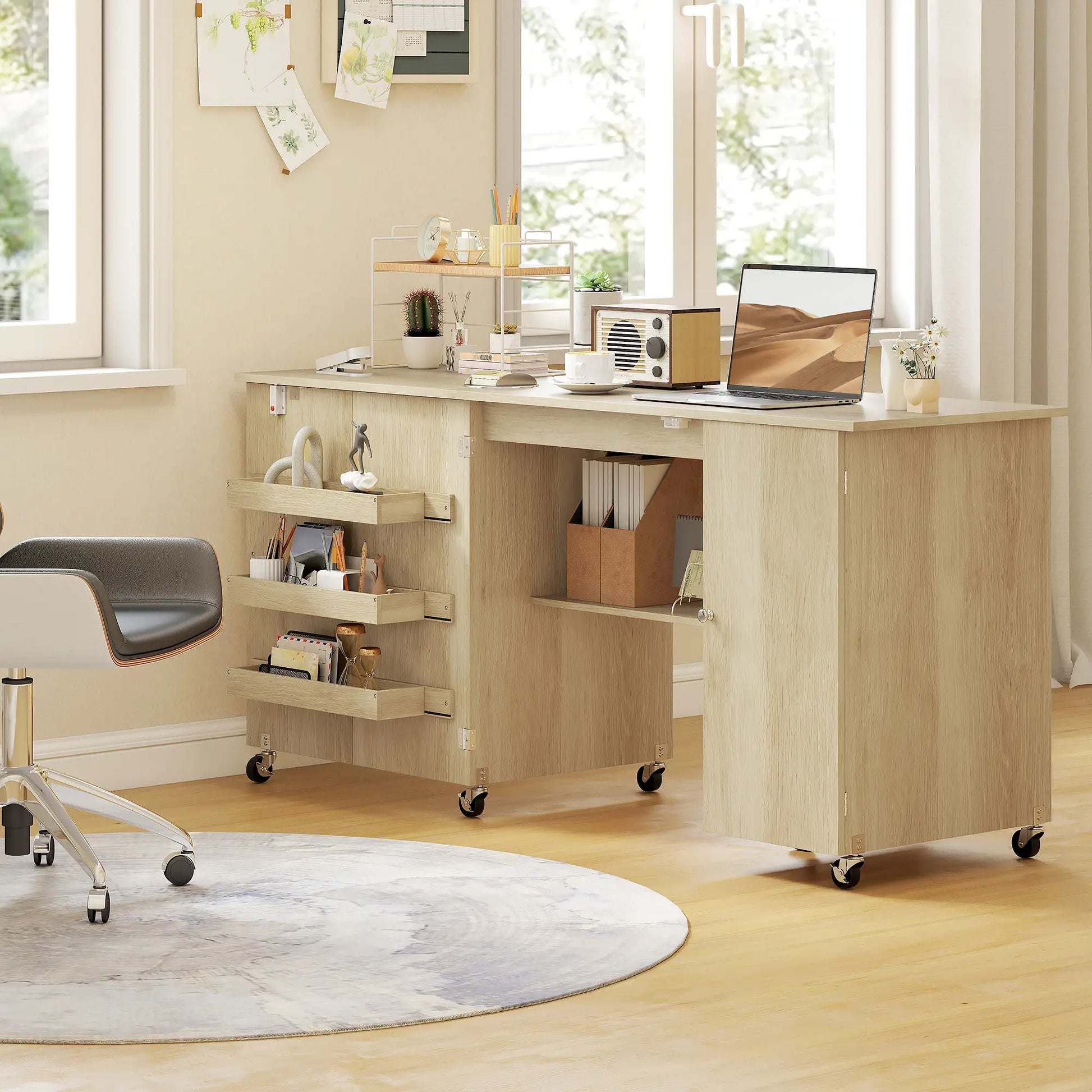 Sewing Machine Table, Drop Leaf, 2 Doors, Adjustable Shelf, Natural Sewing Cabinets at Gallery Canada