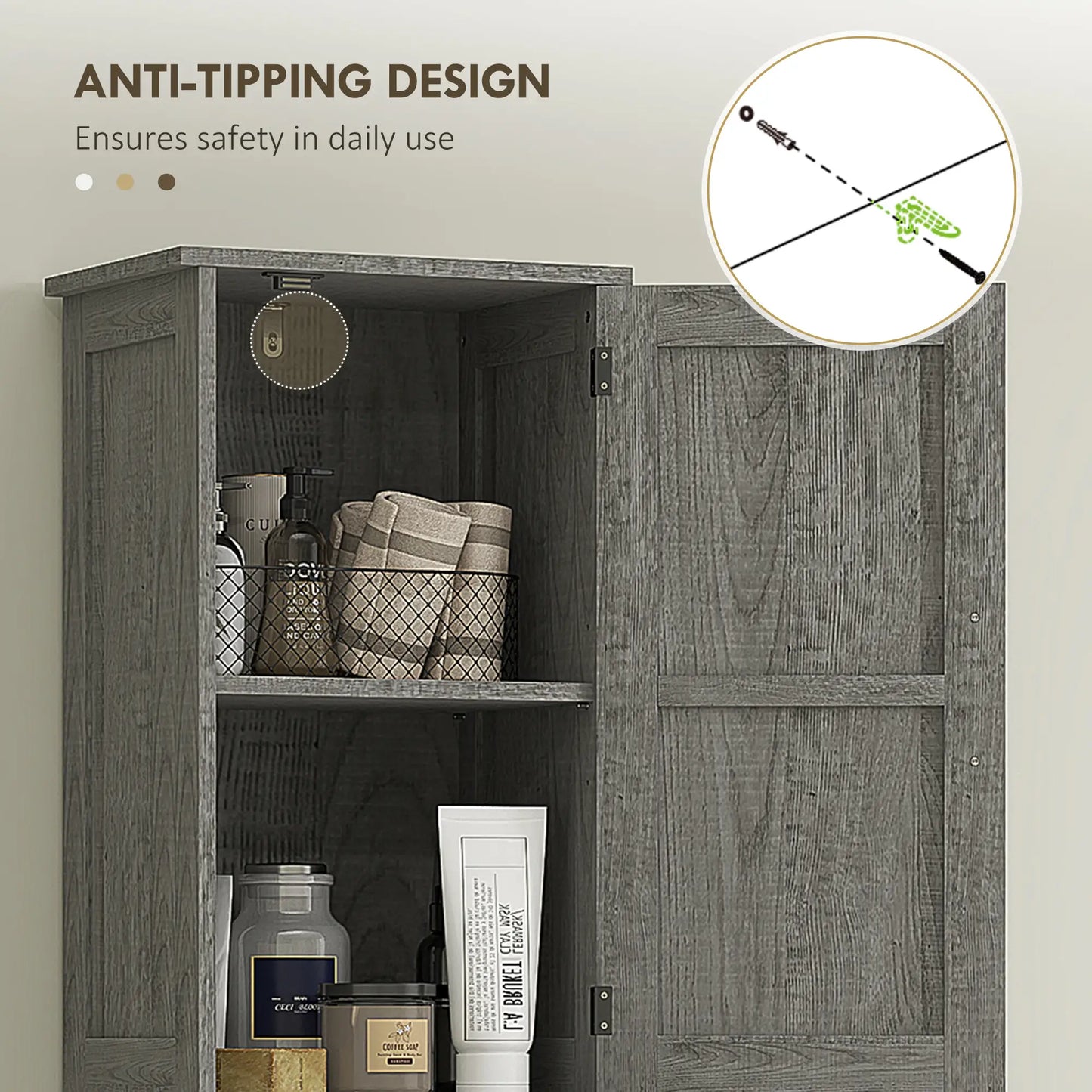 67" Tall Narrow Bathroom Cabinet, Adjustable Shelves, Barn Doors, Dark Grey Bathroom Cabinets at Gallery Canada