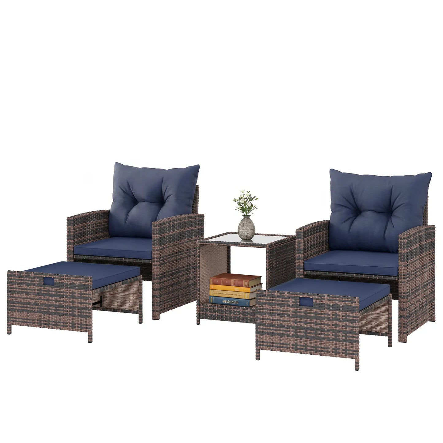 5 Piece Patio Set, Wicker Chairs With Ottomans, Glass Coffee Table, Brown/Dark Blue Patio Furniture Sets Mixed Brown, Dark Blue, Black at Gallery Canada