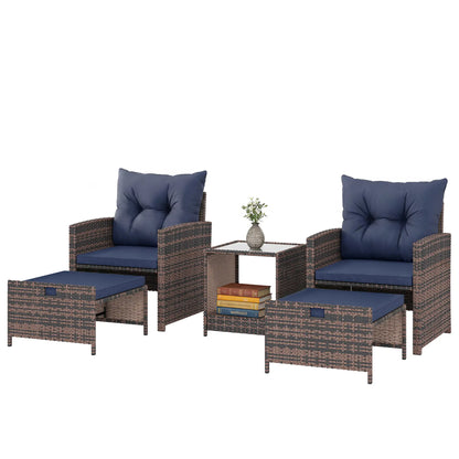 5 Piece Patio Set, Wicker Chairs With Ottomans, Glass Coffee Table, Brown/Dark Blue Patio Furniture Sets Mixed Brown, Dark Blue, Black at Gallery Canada