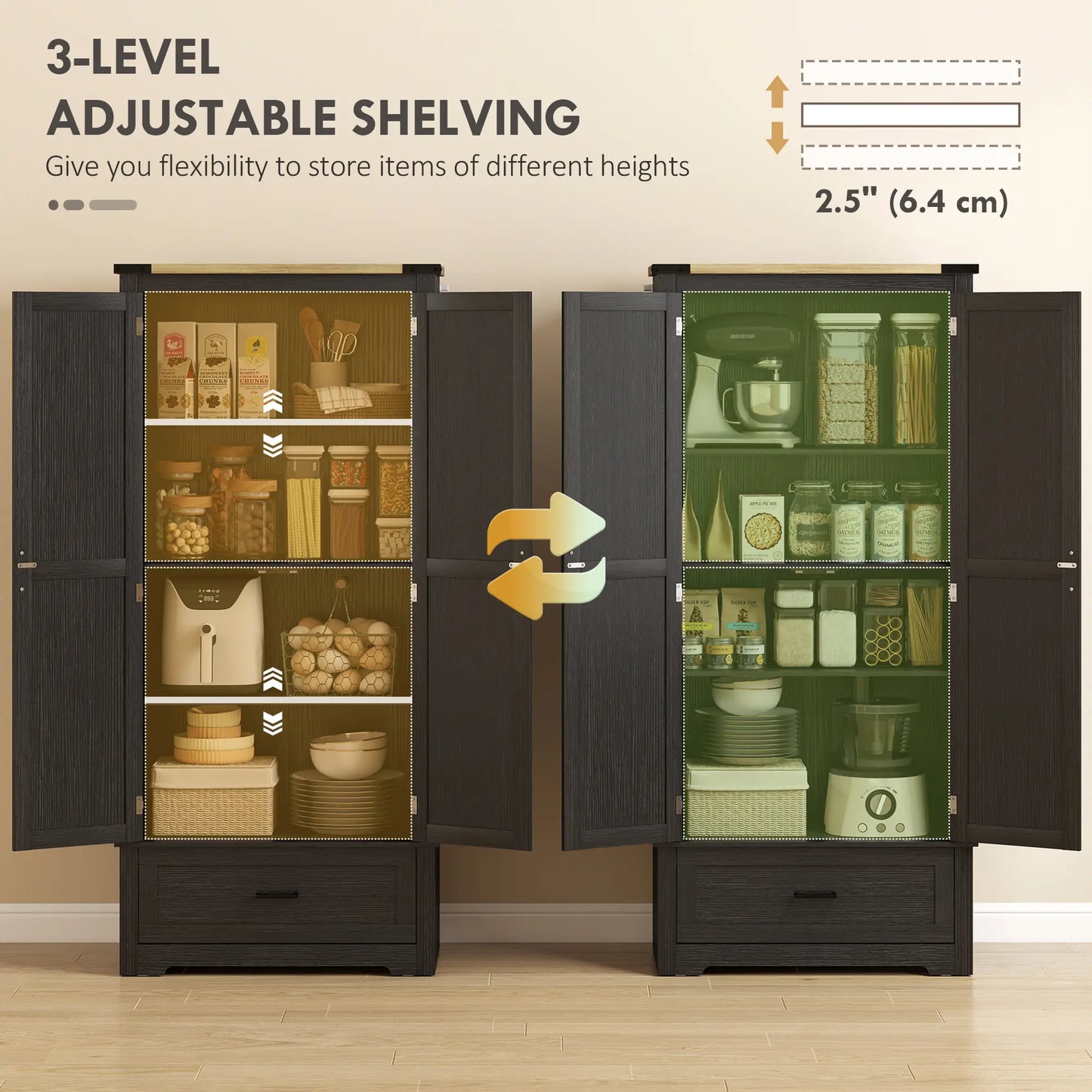 69" Tall Kitchen Pantry Cabinet, 2 Doors, Drawer, Adjustable Shelves, Black Brown Kitchen Pantry Cabinets at Gallery Canada