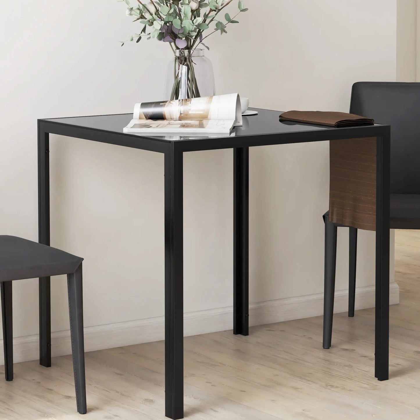 Square Kitchen Table, Glass Top, Steel Legs, 2-4 People, Black Dining Tables at Gallery Canada