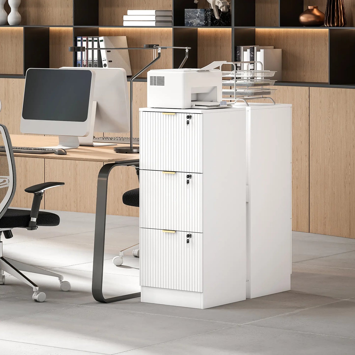 Lockable Filing Cabinet, 3 Fluted Drawers, Adjustable Hanging Rails, White Office Cabinets & Cupboards at Gallery Canada