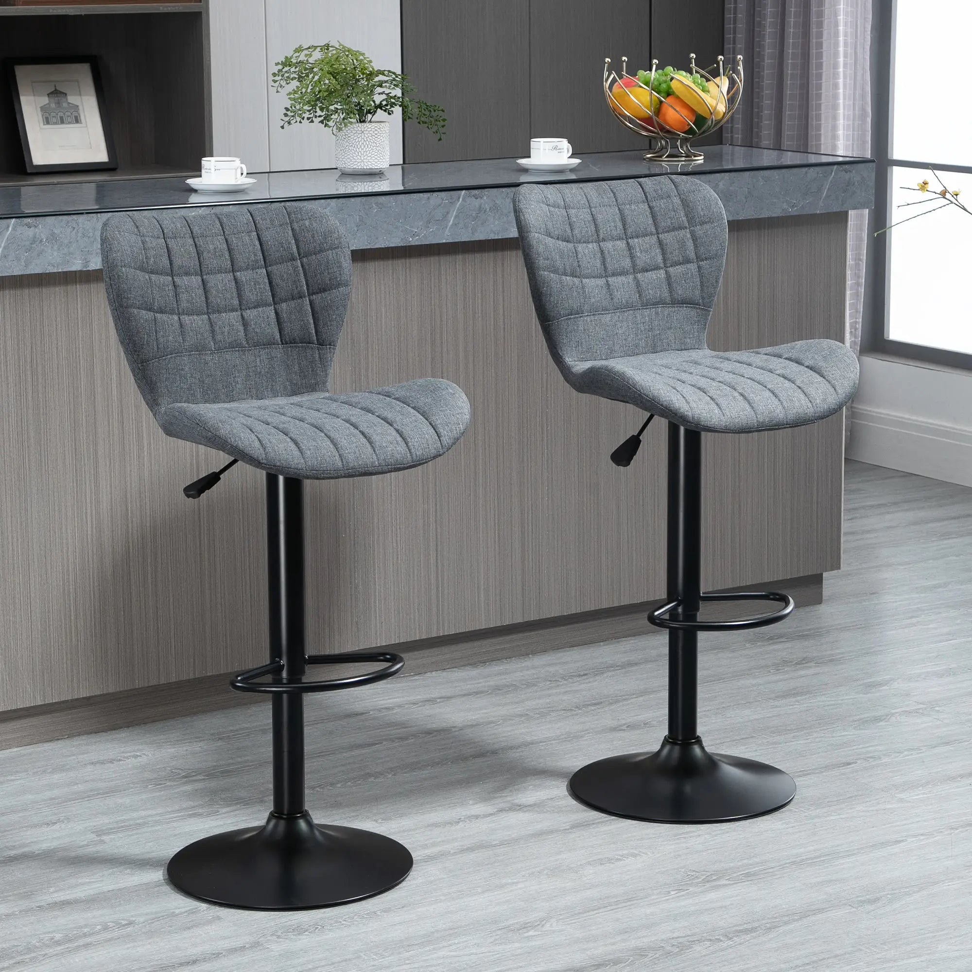 Adjustable Swivel Bar Stools Set of 2, Linen Fabric, Grey Bar Stools at Gallery Canada