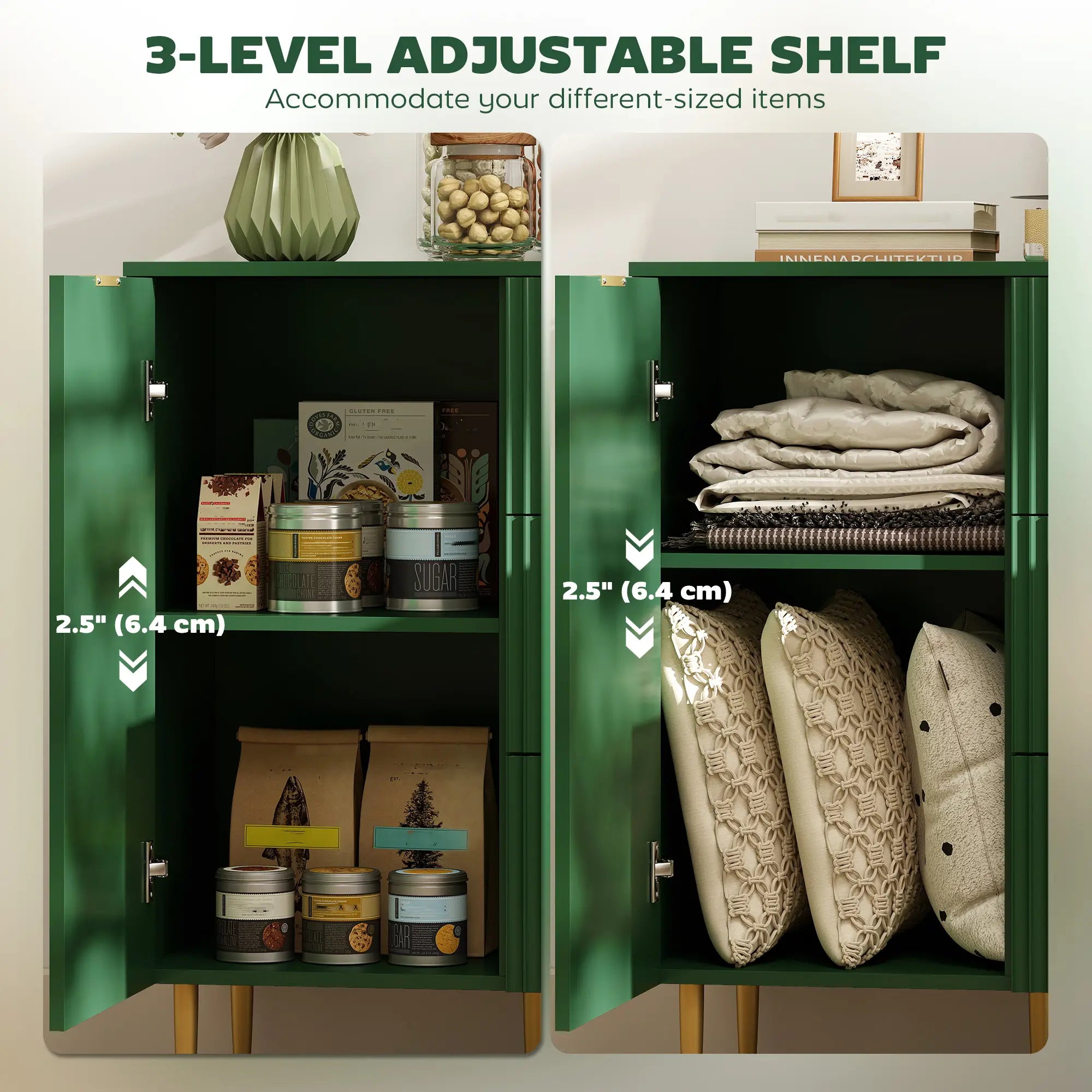 Modern Kitchen Storage Cabinet, Sideboard Buffet, 3 Drawers, Adjustable Shelves, Green Bar Cabinets at Gallery Canada