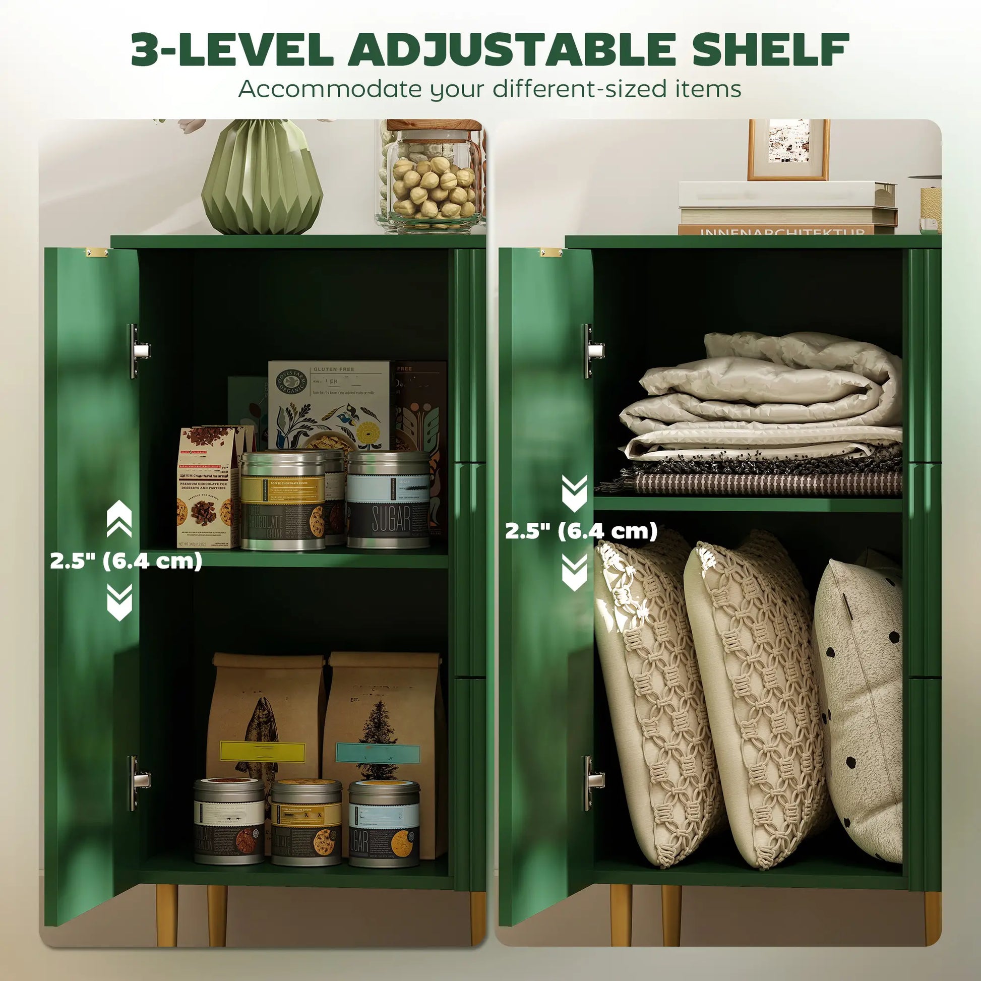 Modern Kitchen Storage Cabinet, Sideboard Buffet, 3 Drawers, Adjustable Shelves, Green Bar Cabinets at Gallery Canada