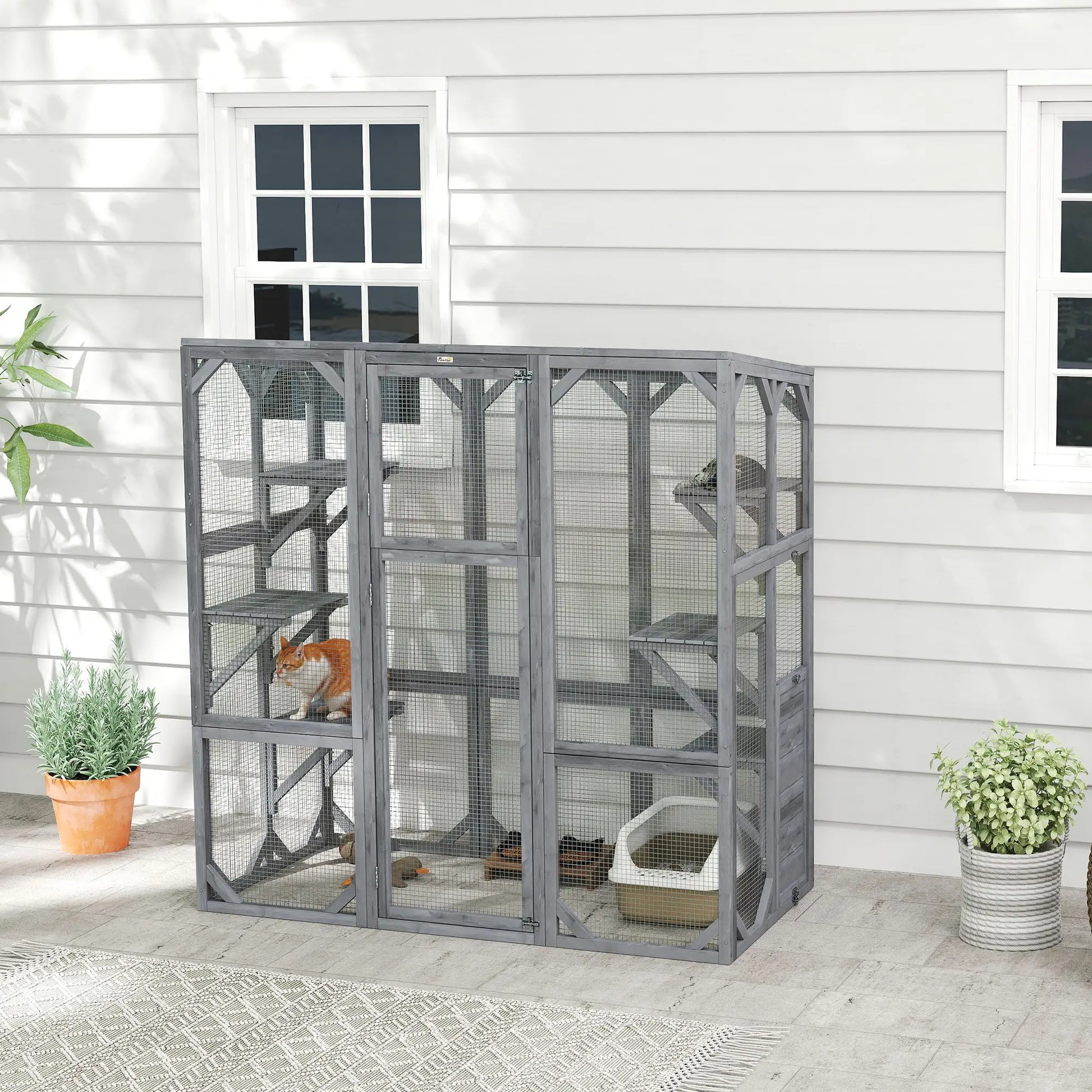 Outdoor Cat Enclosure, 6 Jumping Platforms, Weatherproof Roof, Large Door, 59" x 28" x 60", Grey Outdoor Cat Enclosures at Gallery Canada