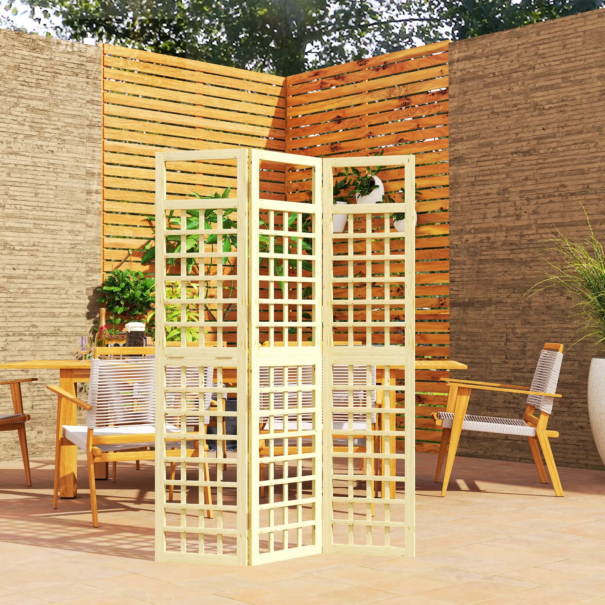 3 Panel Outdoor Wood Privacy Screen, Folding Room Divider, 47.2
