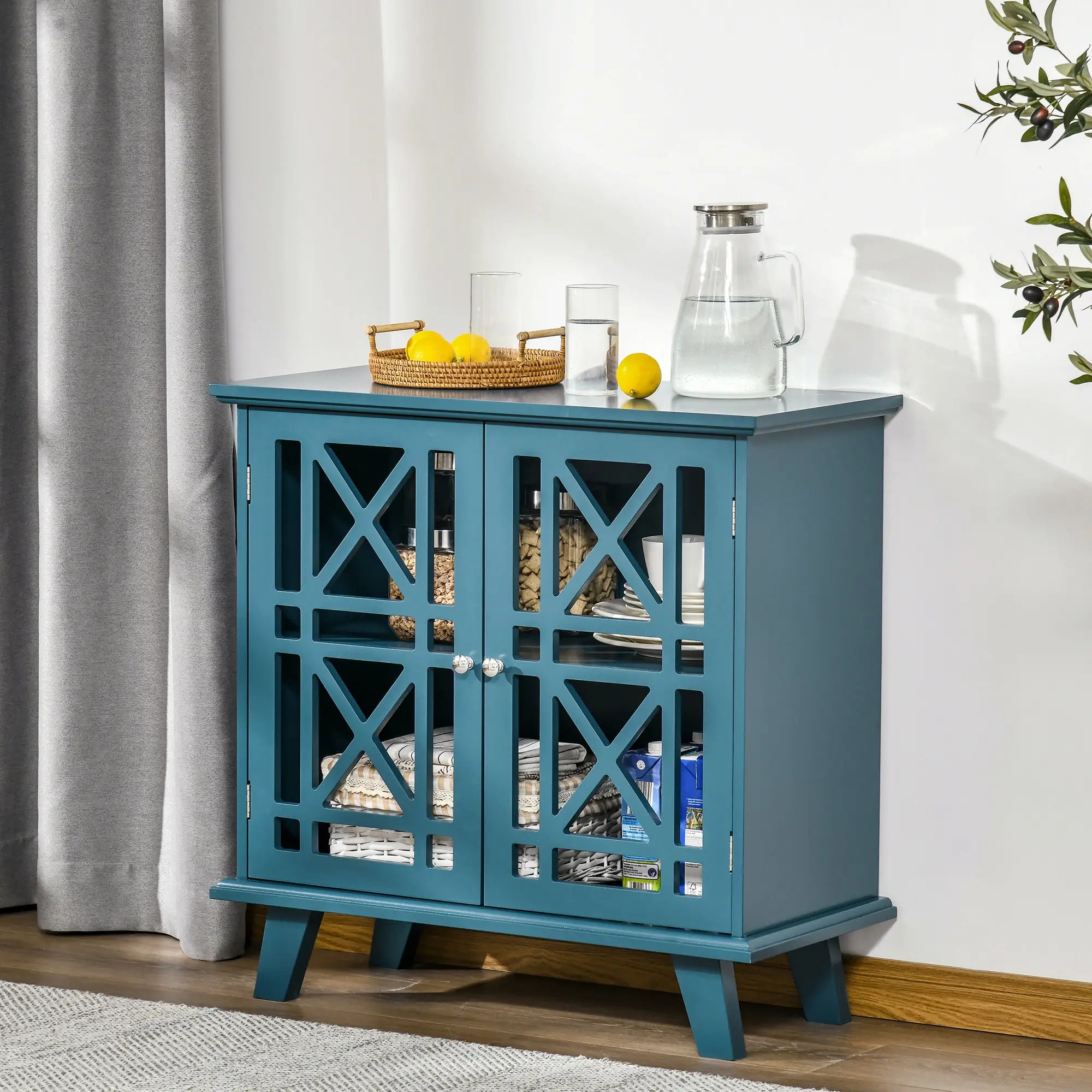 Modern Storage Cabinet with Fretwork Doors, Shelf, Blue Storage Cabinets at Gallery Canada