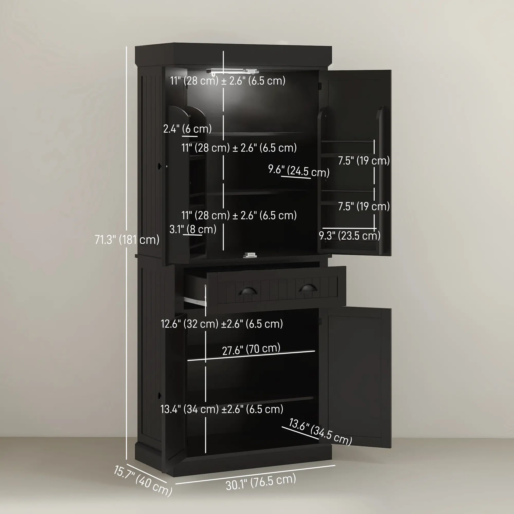 71" Kitchen Pantry Cabinet, LED Lights, 6 Spice Racks, Drawer, 4 Adjustable Shelves, Black Kitchen Pantry Cabinets at Gallery Canada