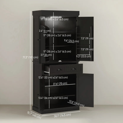 71" Kitchen Pantry Cabinet, LED Lights, 6 Spice Racks, Drawer, 4 Adjustable Shelves, Black Kitchen Pantry Cabinets at Gallery Canada