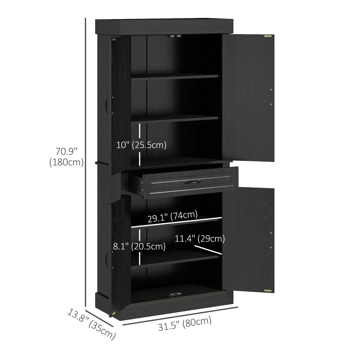 71" Freestanding Kitchen Pantry, 4 Doors 2 Cabinets, Distressed Black, Black Kitchen Pantry Cabinets at Gallery Canada
