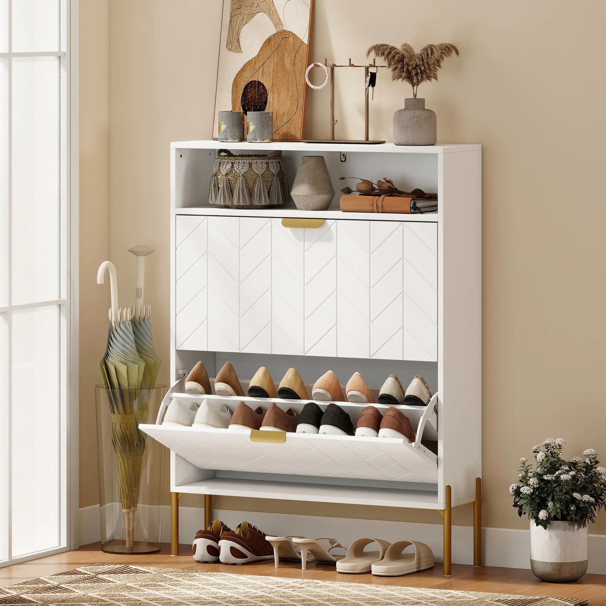Modern Shoe Cabinet, 2 Flip Drawers, Adjustable Shelves, White Shoe Storage Cabinets & Racks at Gallery Canada