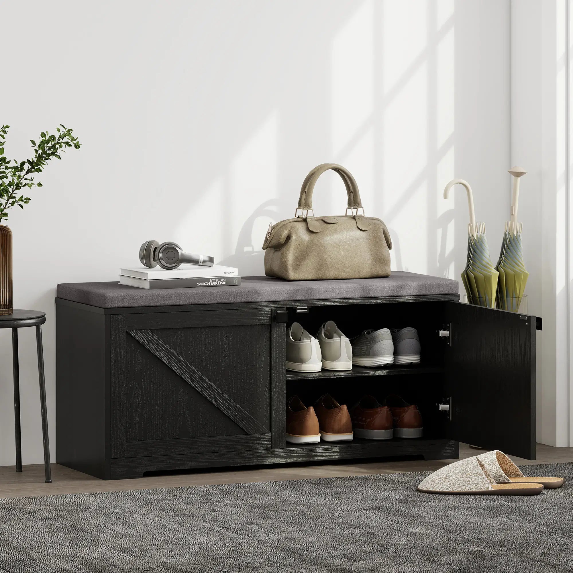 Shoe Storage Bench with Padded Seat, Entryway Bench, 8 Pairs, Black Wood Grain, Black Shoe Storage Cabinets & Racks at Gallery Canada