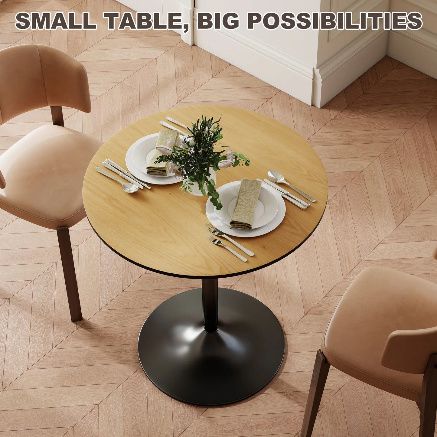 27.6" Round Kitchen Table for 2, Wood Veneer, Steel Base, Natural Dining Tables at Gallery Canada