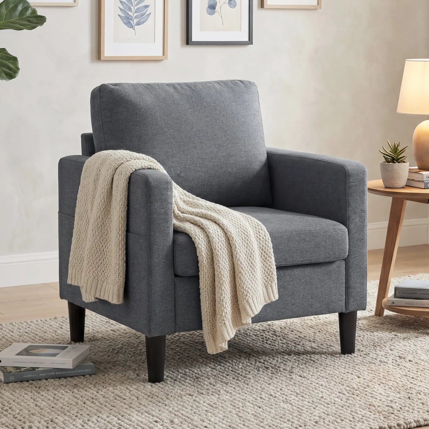 Modern Upholstered Accent Chair, Thick Padded Seat, Dark Grey Accent Chairs at Gallery Canada