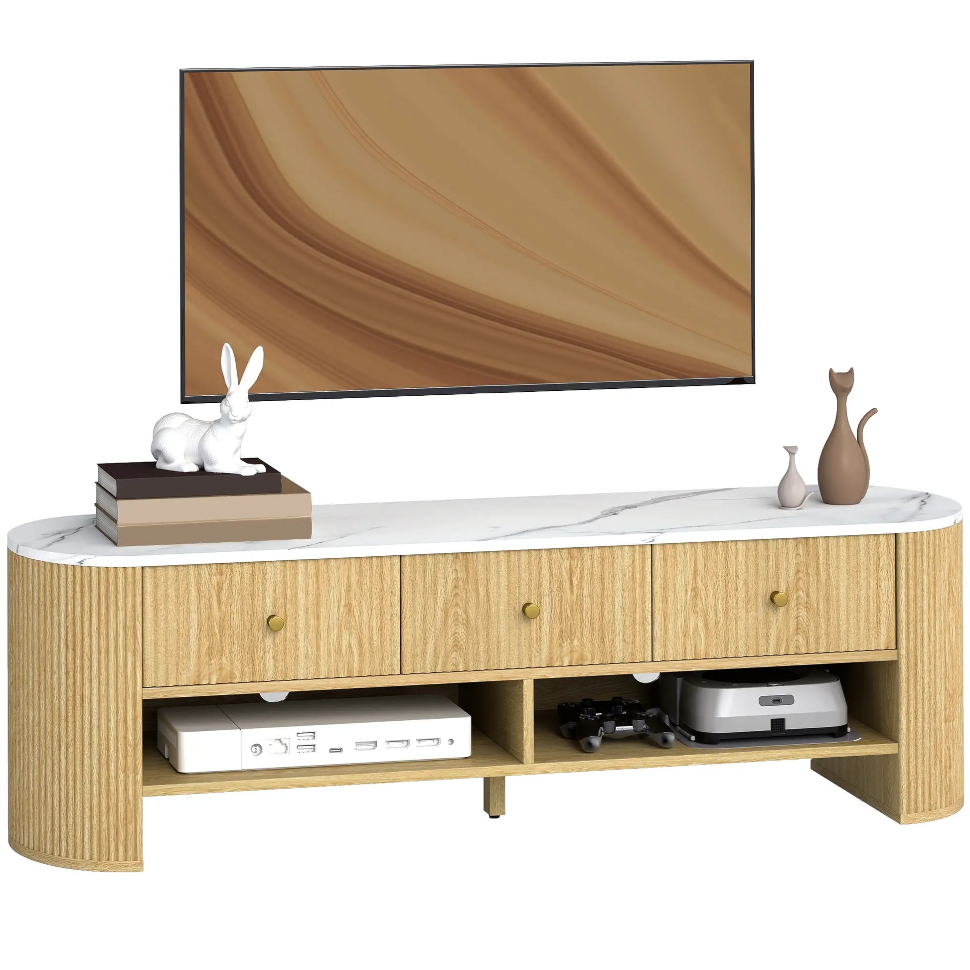 Modern TV Stand, Marble-Effect Top, 3 Drawers, 2 Shelves, 32-65 Inch, Natural TV Stands at Gallery Canada