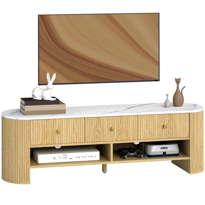 Modern TV Stand, Marble-Effect Top, 3 Drawers, 2 Shelves, 32-65 Inch, Natural TV Stands at Gallery Canada