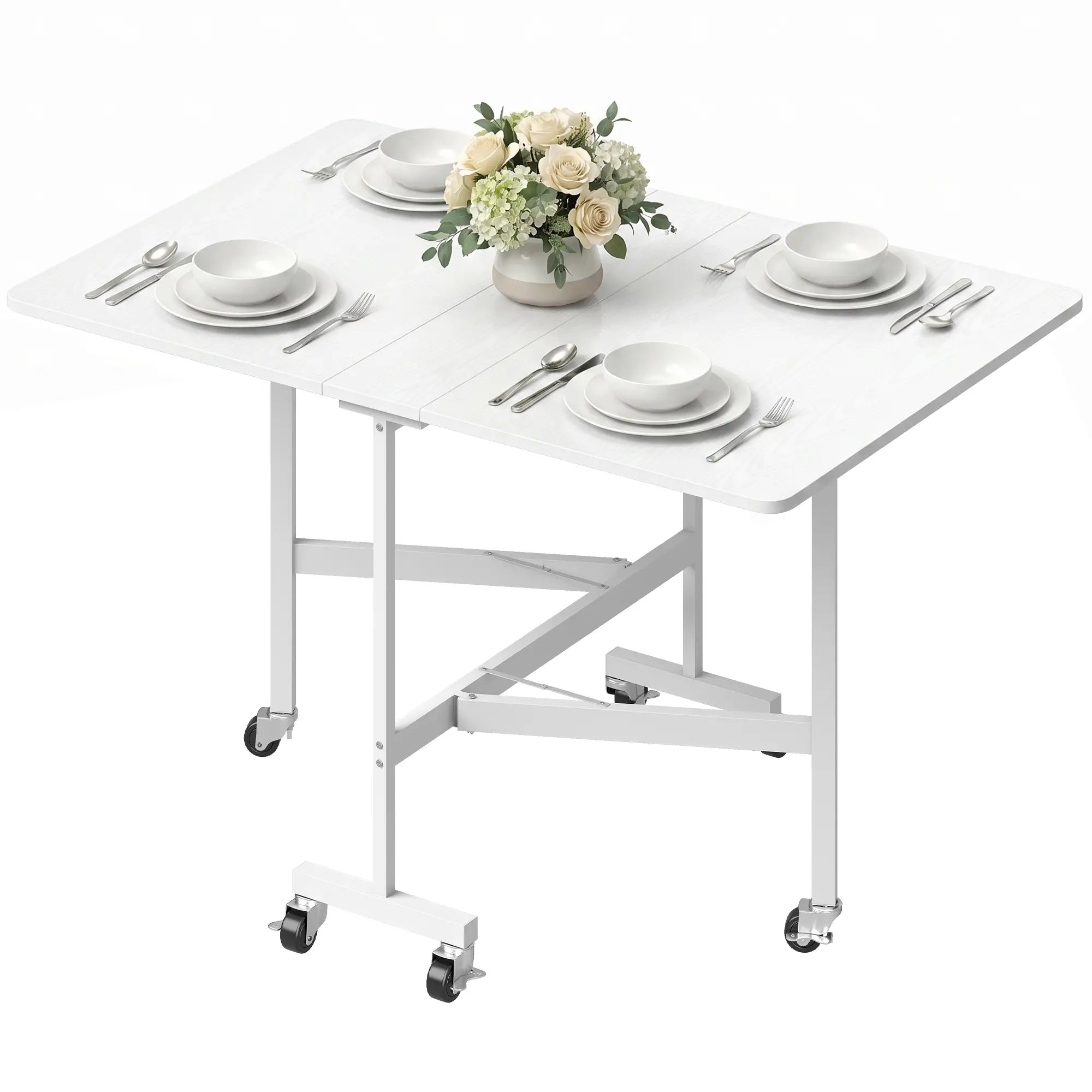 Six-Seater Drop-Leaf Dining Table with Wheels, White Dining Tables White at Gallery Canada