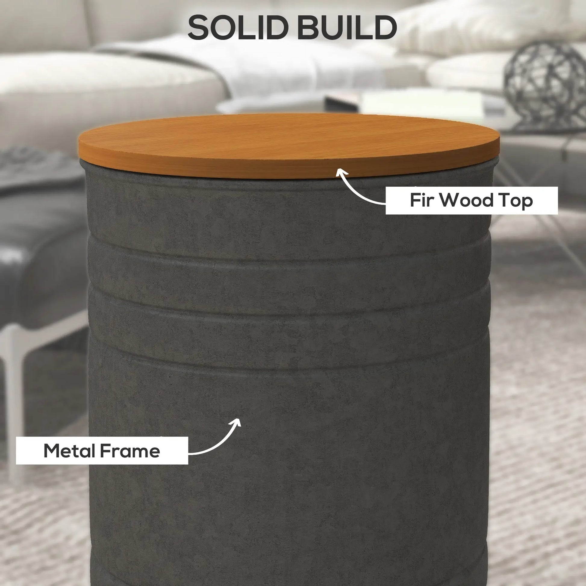 Round Side Table Set of 2, Nesting Coffee Tables, Wooden Lid, Galvanized Frame, Hidden Storage, Grey Side Tables at Gallery Canada