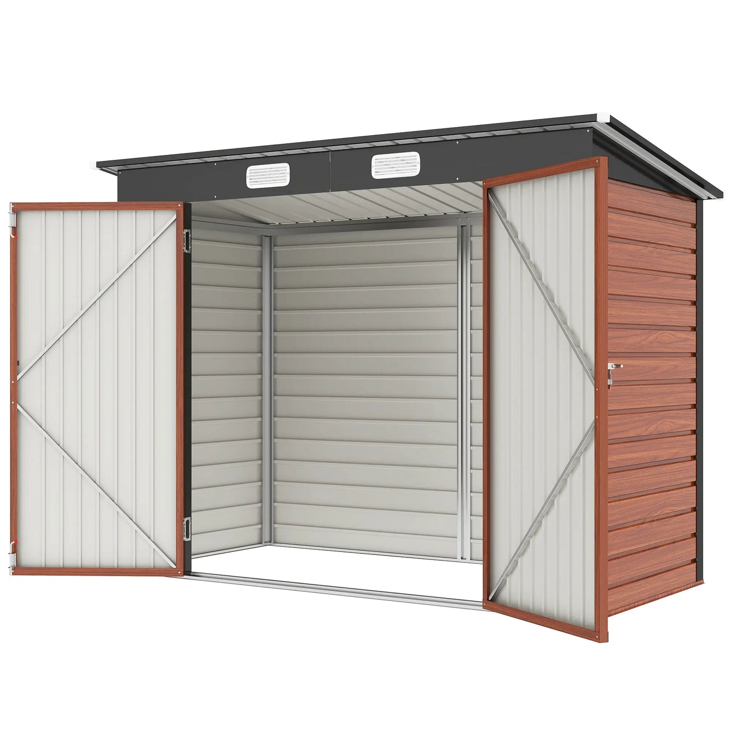 8 x 4FT Galvanized Metal Garden Storage Shed, Double Doors, 2 Vents, Teak