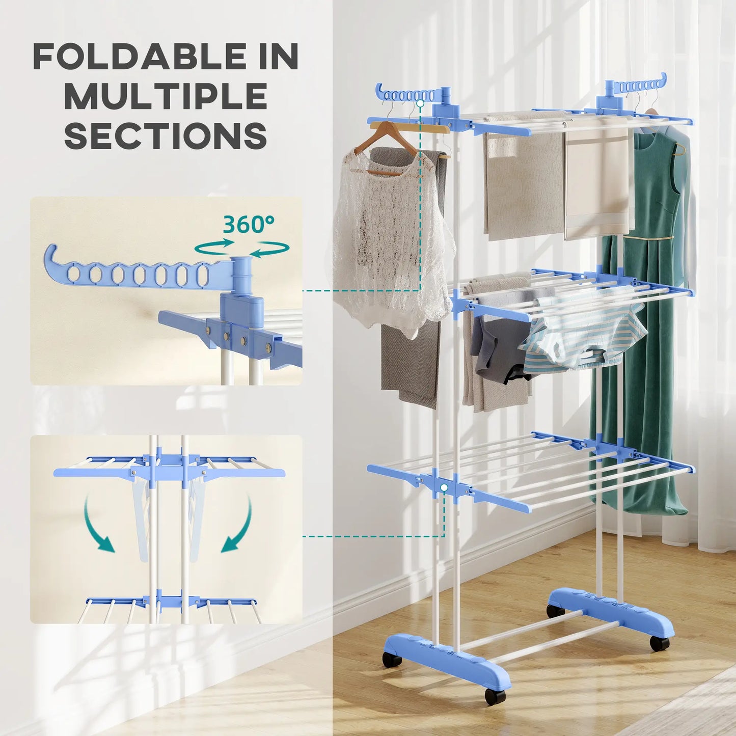 Foldable 4-Tier Steel Clothes Drying Rack, 2 Side Wings, 4 Castors, Indoor Outdoor, Blue Bath Accessories at Gallery Canada