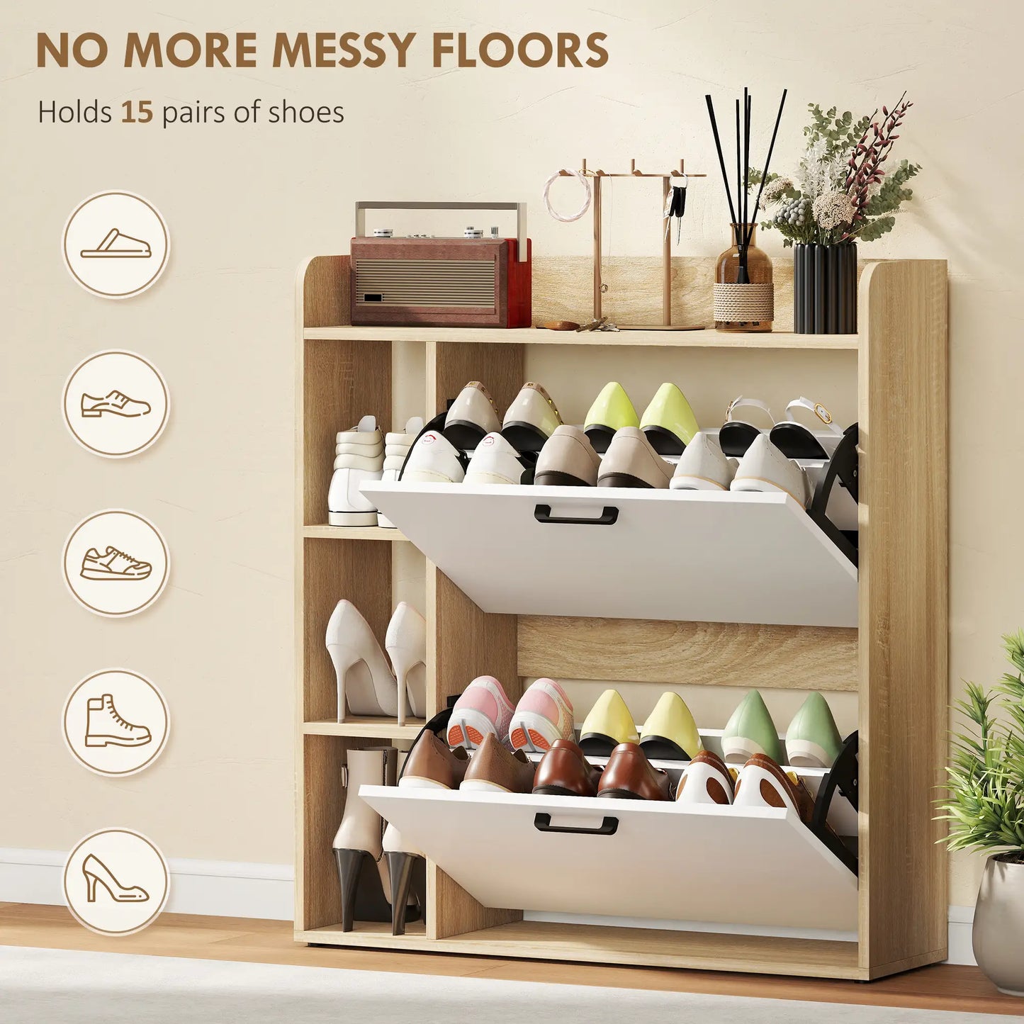 Shoe Cabinet with 2 Flip Drawers, 3 Side Compartments, Adjustable Shelves, 8-12 Pairs for Entryway Hallway, Natural Shoe Storage Cabinets & Racks at Gallery Canada