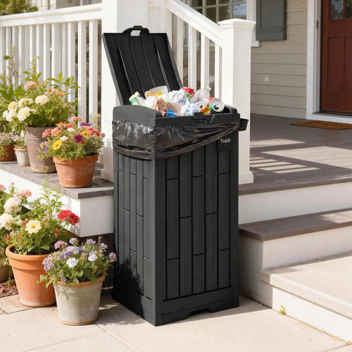 29 Gallon Outdoor Garbage Bin, Dual Lid, Ashtray Drip Tray, Black