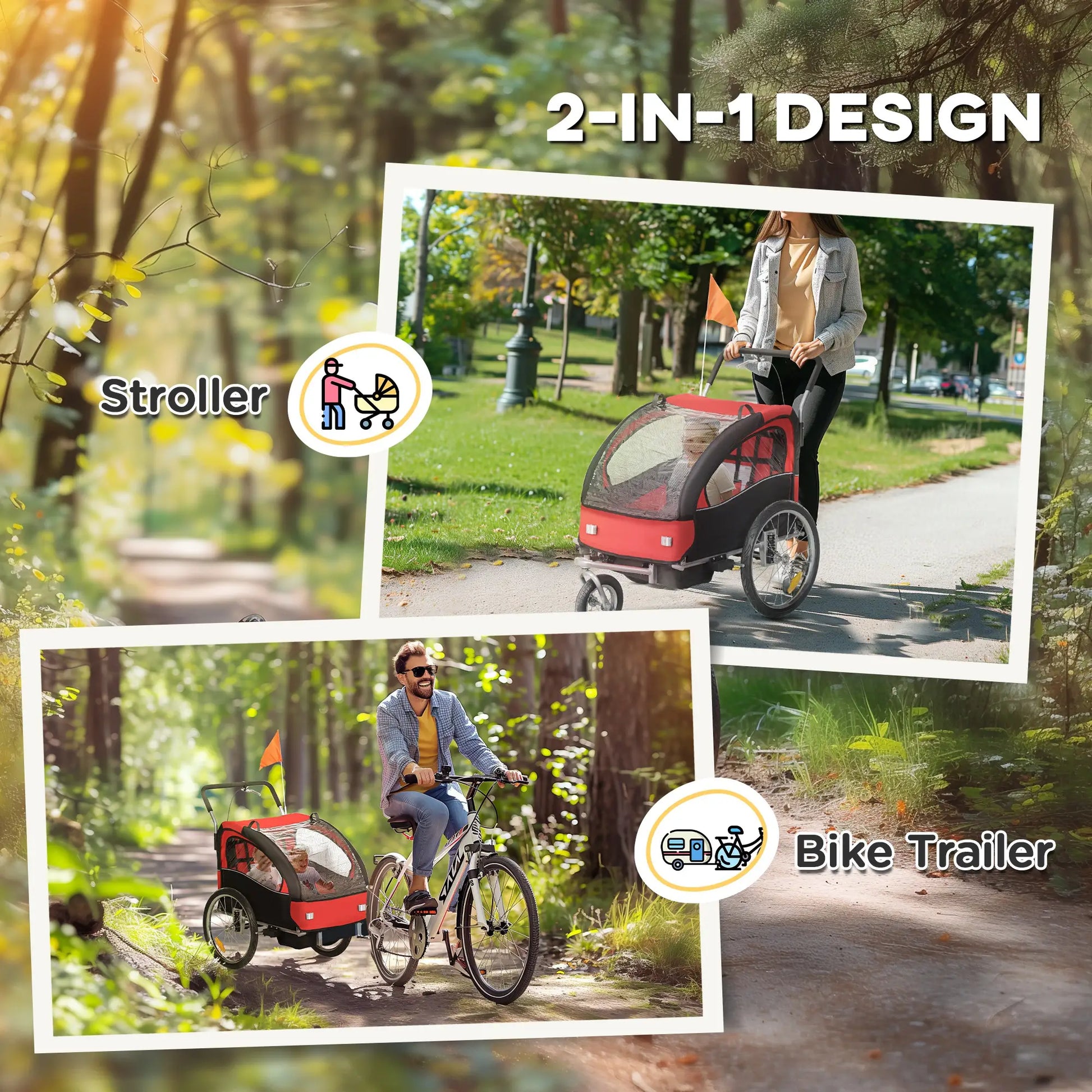 2-in-1 Bike Trailer, Foldable 2-Seat Stroller, 5-Point Harness, Red Kids Bike Trailers at Gallery Canada