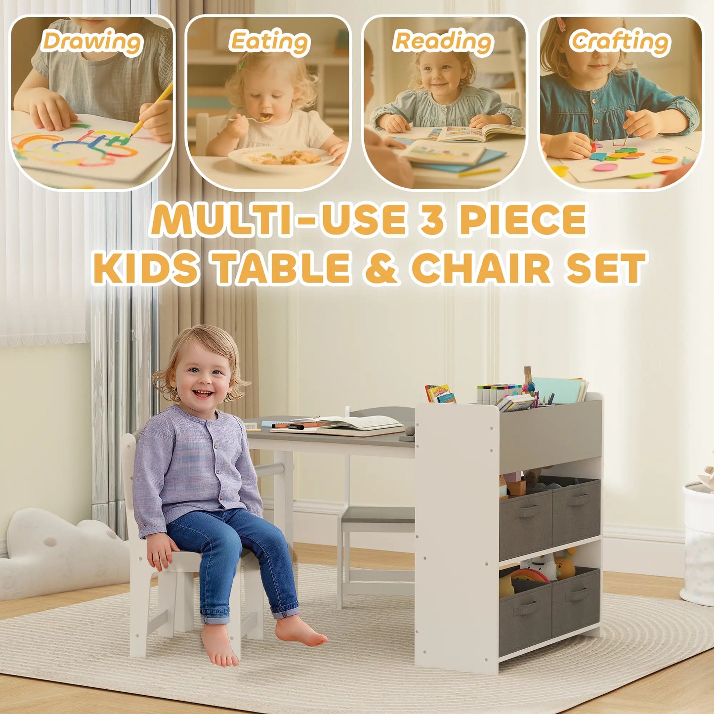 Kids Table and Chairs Set, Toddler Art Set with Paper Roll, Storage, Grey Kids Table Sets at Gallery Canada