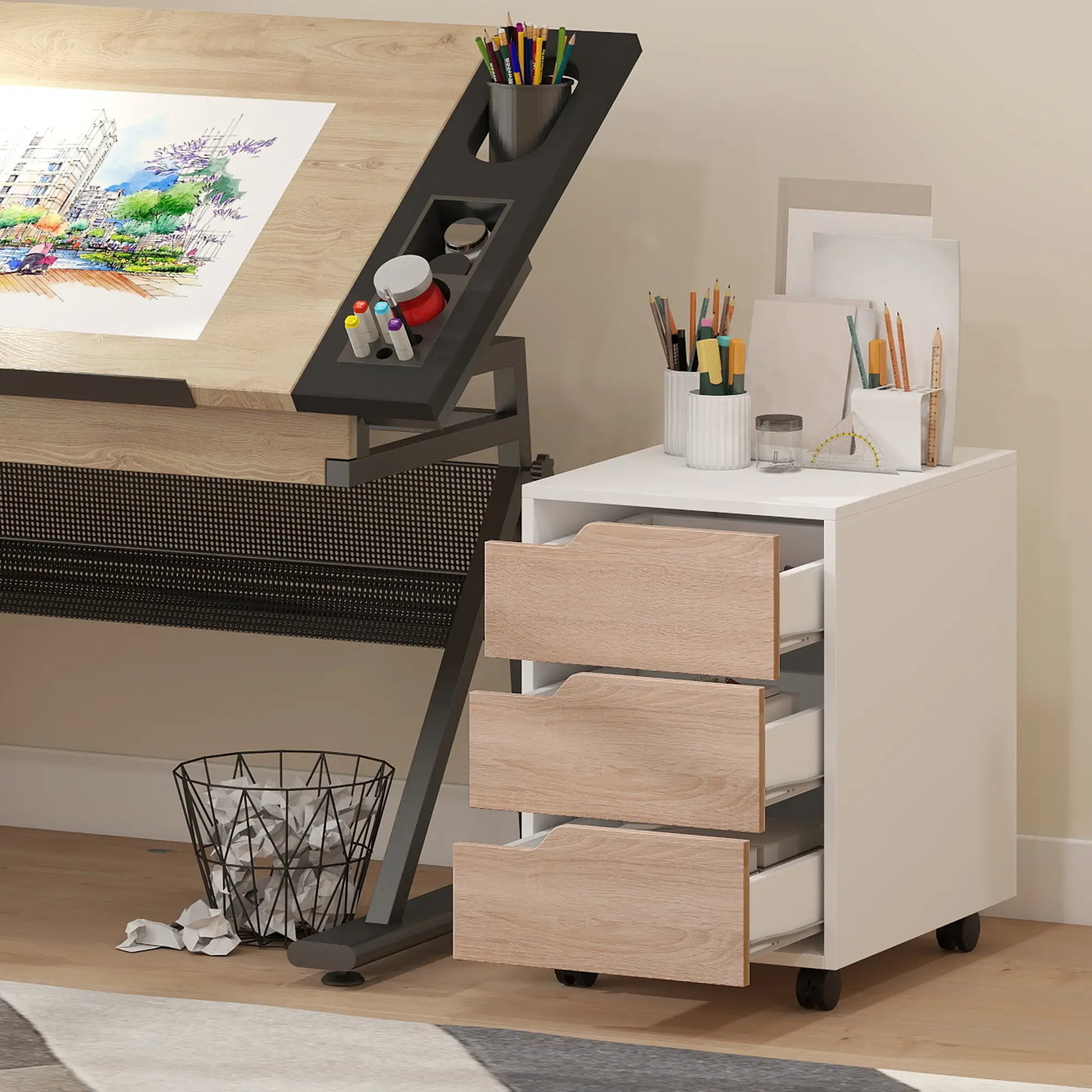 3 Drawer File Cabinet, Mobile Vertical Filing with Wheels, Oak Office Cabinets & Cupboards at Gallery Canada