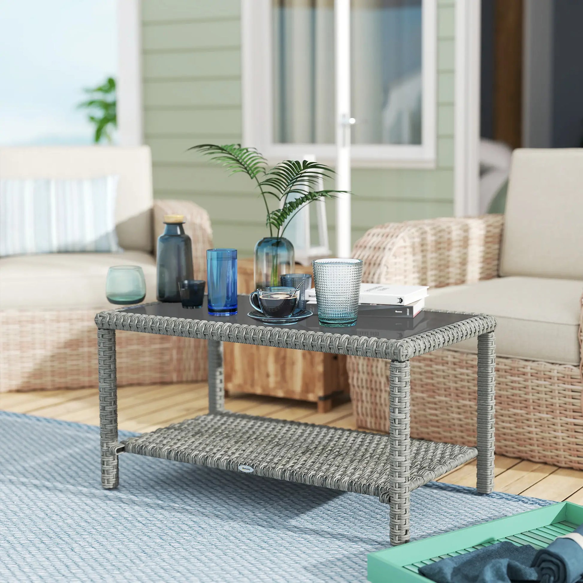35" Outdoor Wicker Coffee Table, Glass Top, Storage Shelf, Dark Grey Coffee Tables at Gallery Canada