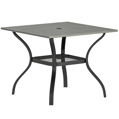 Square Patio Table With Umbrella Hole, Shelf, Slatted Faux Wood Steel Top, Grey Patio Dining Tables Grey, Black at Gallery Canada