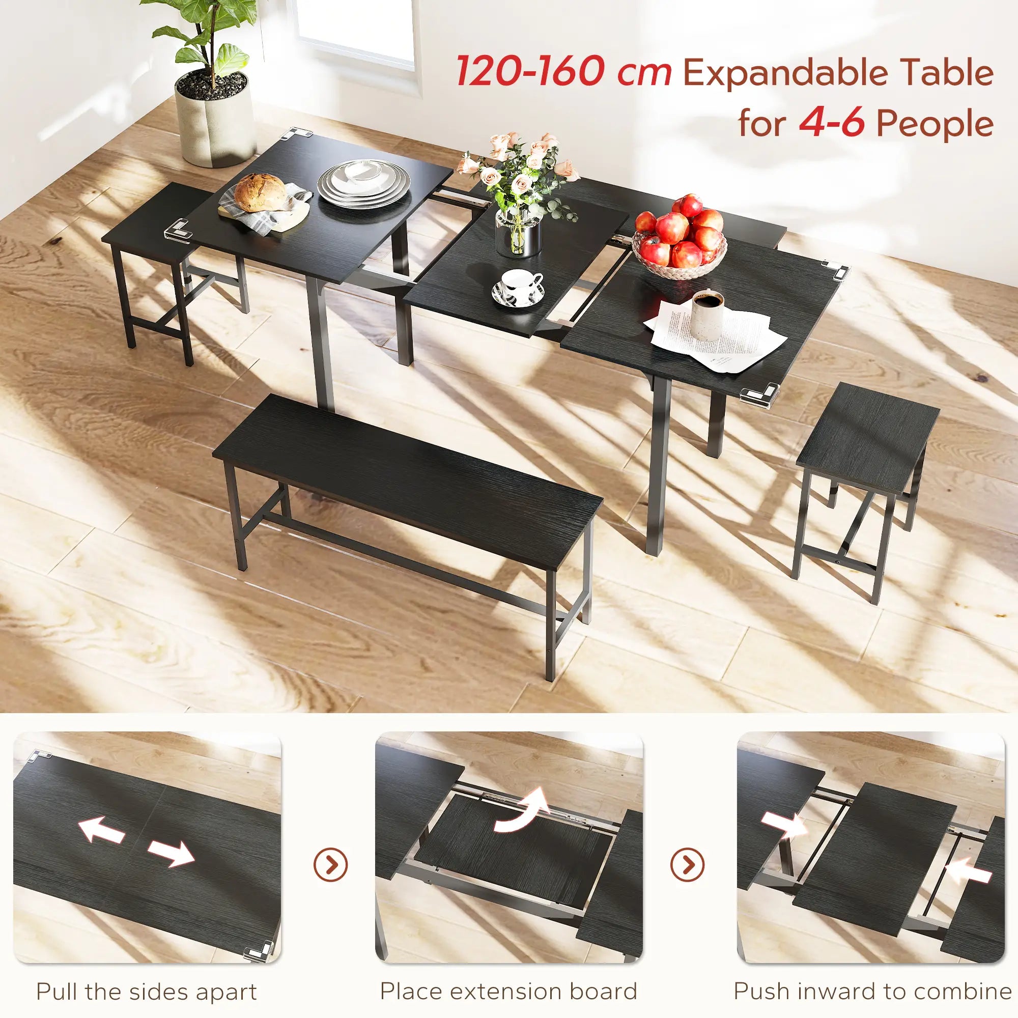 Extendable Dining Table Set, 5-Piece for 4-6 with 2 Benches and 2 Stools, Black Dining Table Sets at Gallery Canada