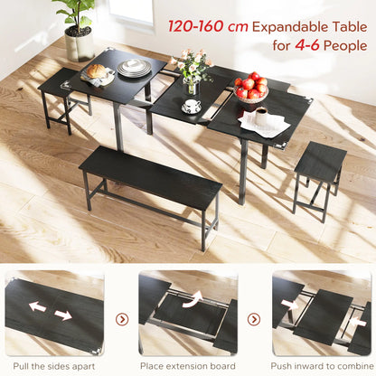 Extendable Dining Table Set, 5-Piece for 4-6 with 2 Benches and 2 Stools, Black Dining Table Sets at Gallery Canada