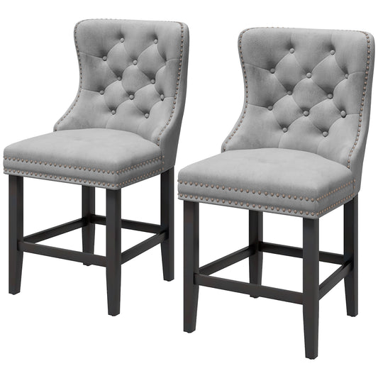 Upholstered Fabric Bar Stool Set of 2, Button Tufted 25.6" Seat Height Counter Chairs with Back &; Wood Legs, Grey - Gallery Canada
