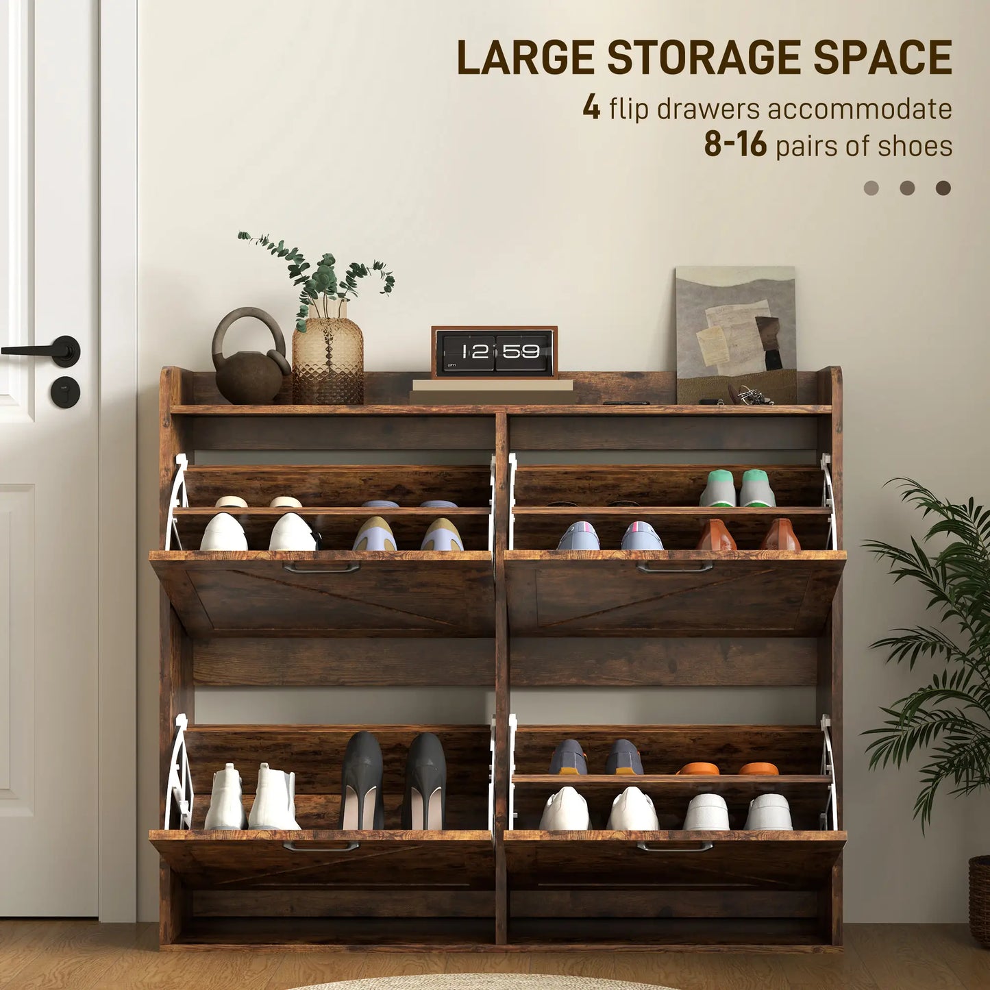 Narrow Shoe Storage Cabinet, 4 Flip Drawers, Adjustable Shelves, 16 Pair, Rustic Brown Shoe Storage Cabinets & Racks at Gallery Canada