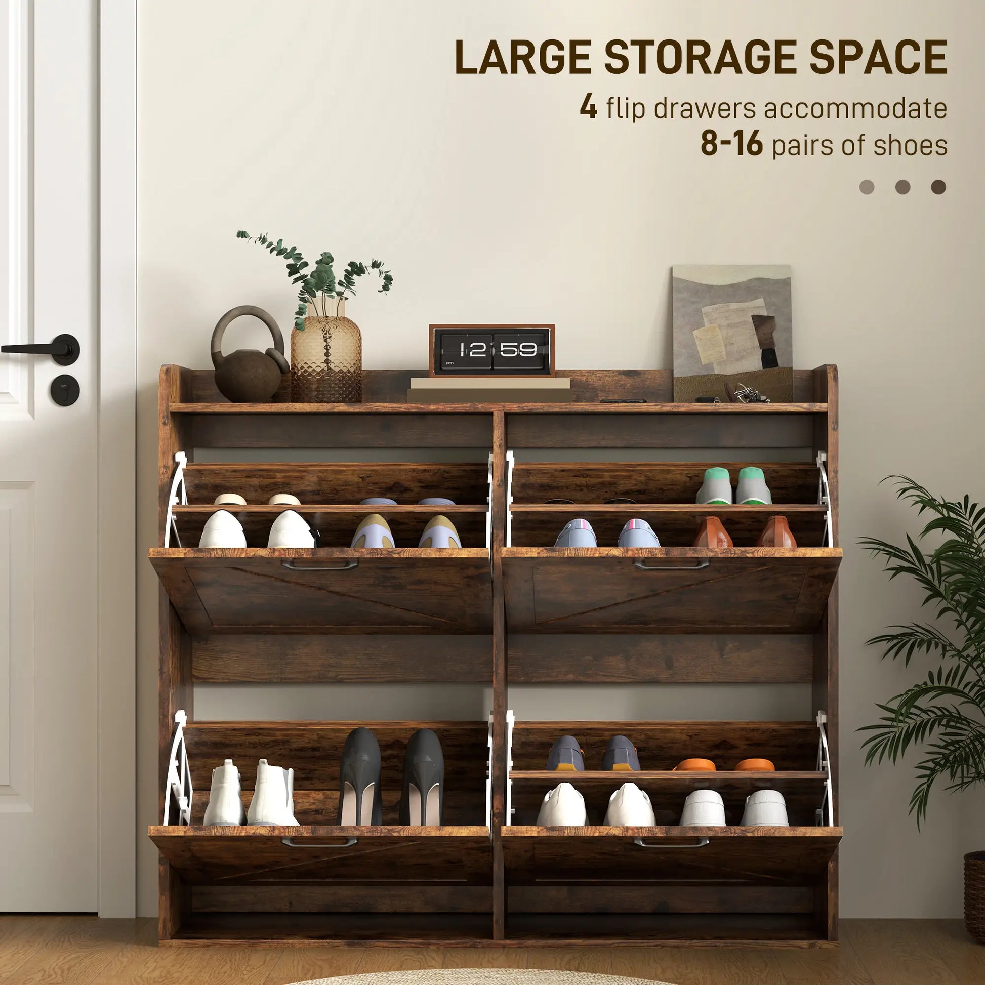 Narrow Shoe Storage Cabinet, 4 Flip Drawers, Adjustable Shelves, 16 Pair, Rustic Brown Shoe Storage Cabinets & Racks at Gallery Canada