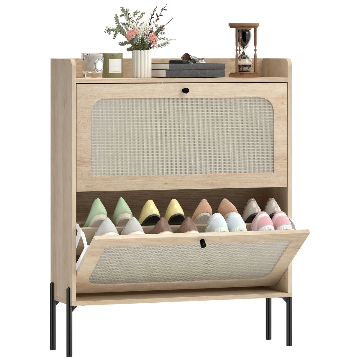 Shoe Cabinet With 2 Flip Drawers, Narrow Storage, Oak